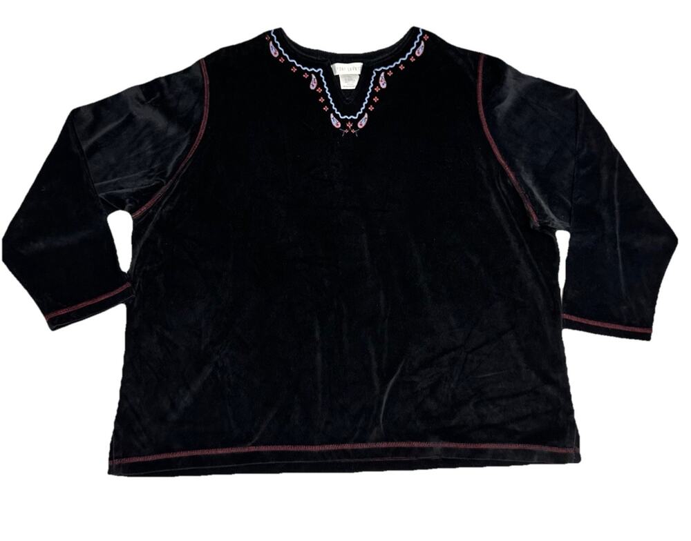 Vintage Sport Savvy Black V neck Long Sleeve Velour Top 3X Embroidered Blouse